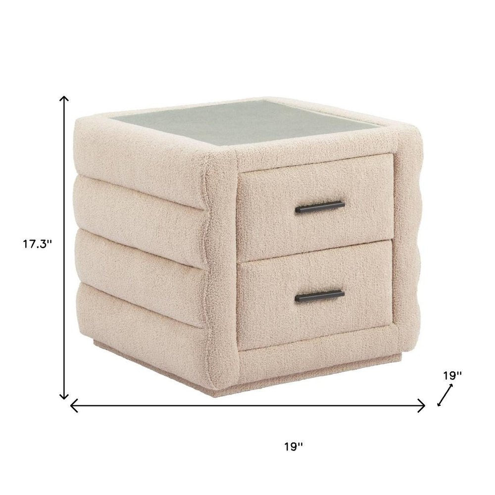 17" Beige Wood Square Woven Texture Two Drawer Nightstand