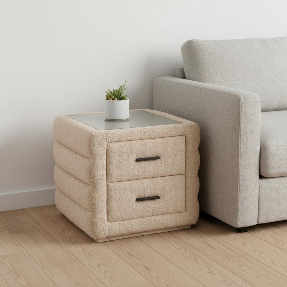 17" Beige Wood Square Woven Texture Two Drawer Nightstand