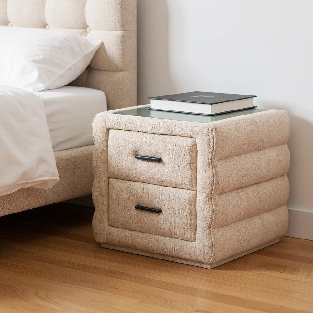 17" Beige Wood Square Woven Texture Two Drawer Nightstand