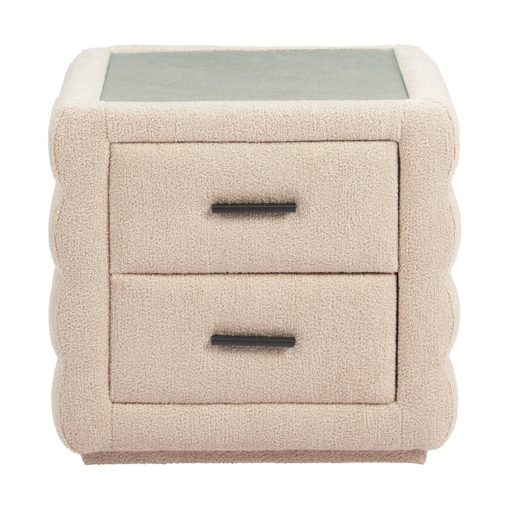 17" Beige Wood Square Woven Texture Two Drawer Nightstand