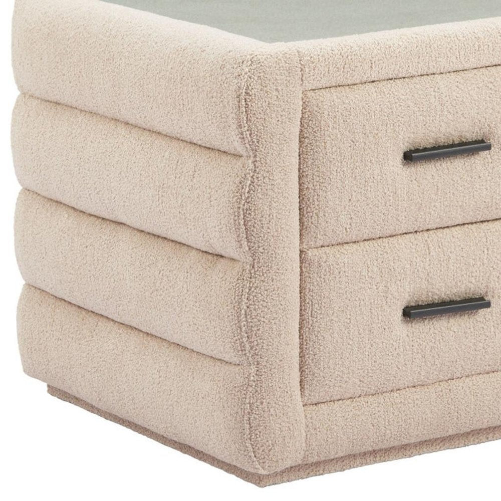 17" Beige Wood Square Woven Texture Two Drawer Nightstand