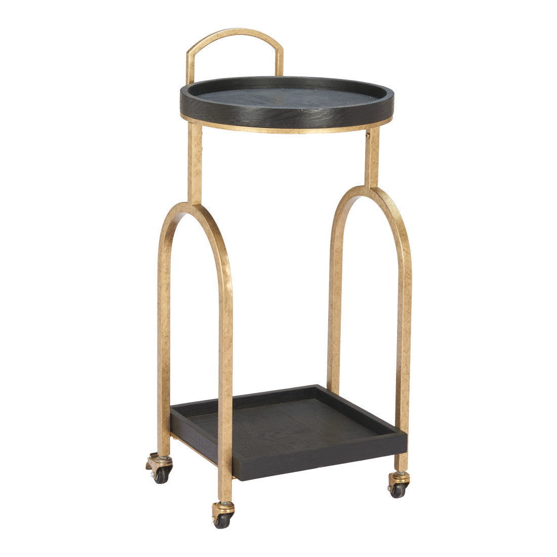 17" Black And Brass Steel and Solid Wood Distressed Round Rolling Bar Cart