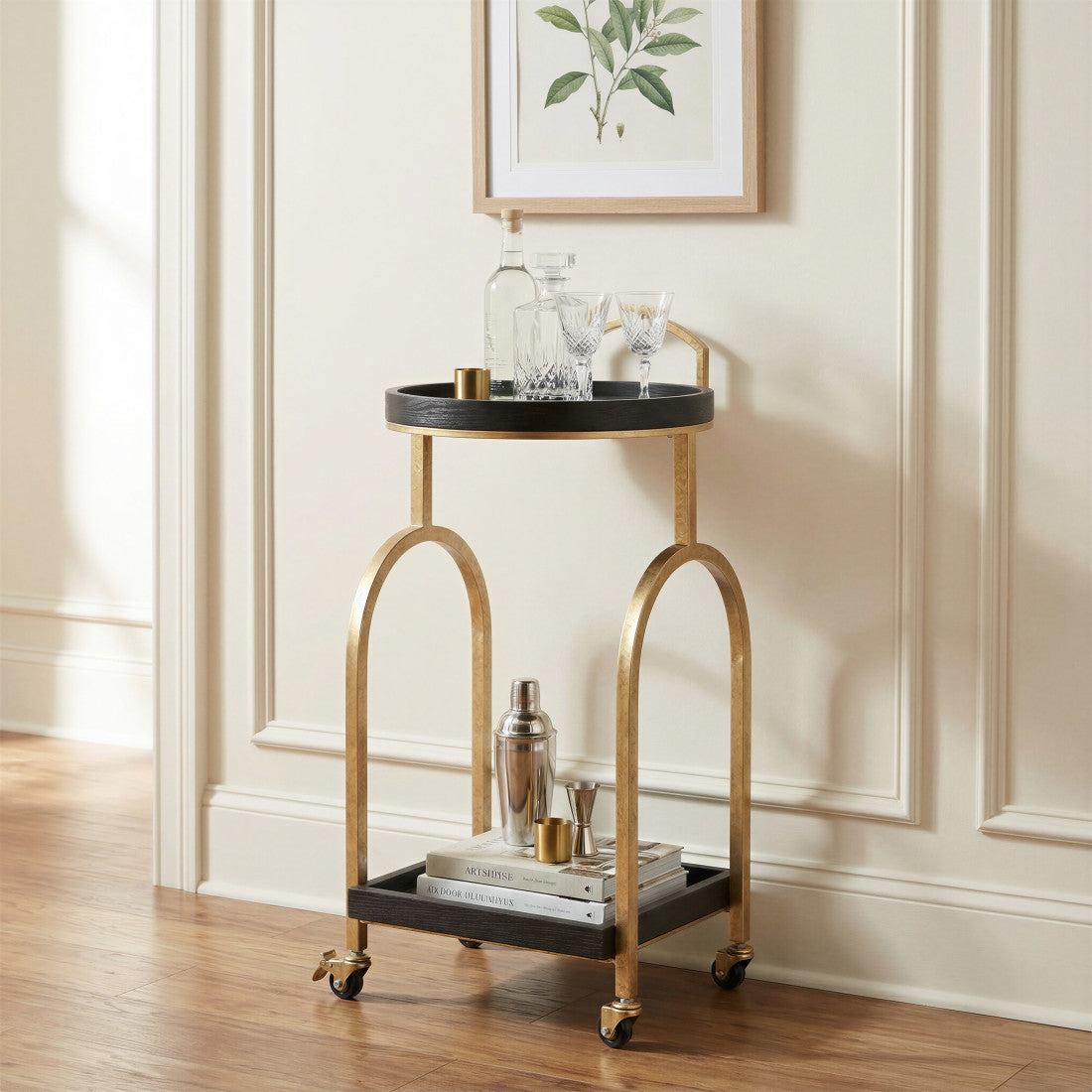 17" Black And Brass Steel and Solid Wood Distressed Round Rolling Bar Cart