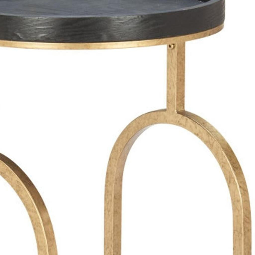 17" Black And Brass Steel and Solid Wood Distressed Round Rolling Bar Cart
