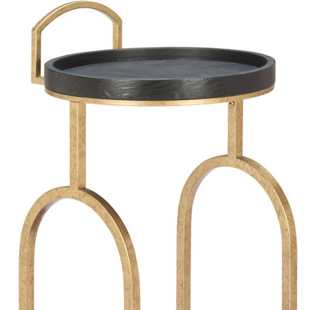 17" Black And Brass Steel and Solid Wood Distressed Round Rolling Bar Cart