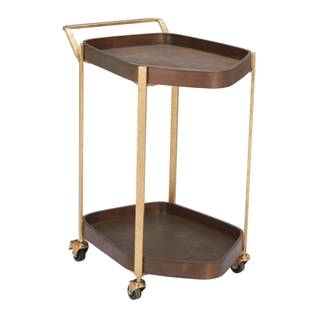 27" Walnut And Brass Wood and Steel Rolling Bar Cart