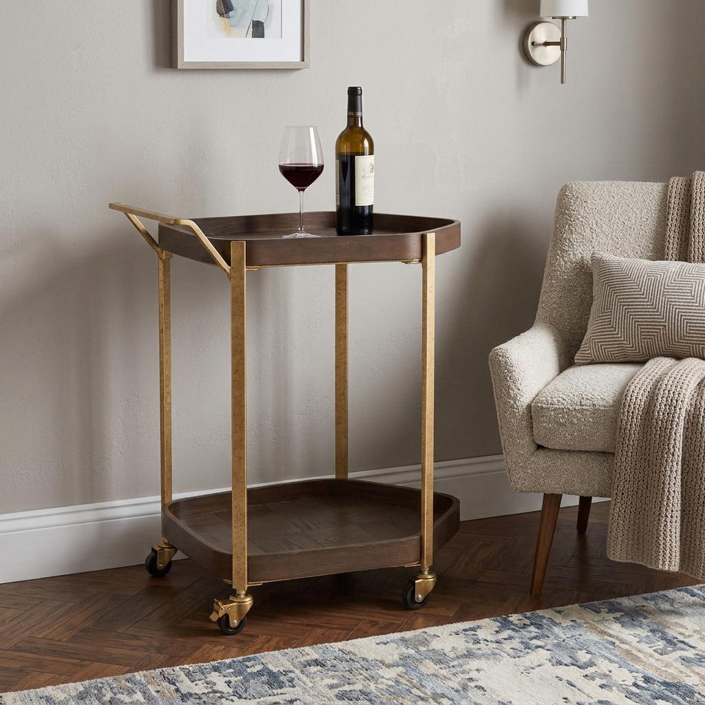 27" Walnut And Brass Wood and Steel Rolling Bar Cart