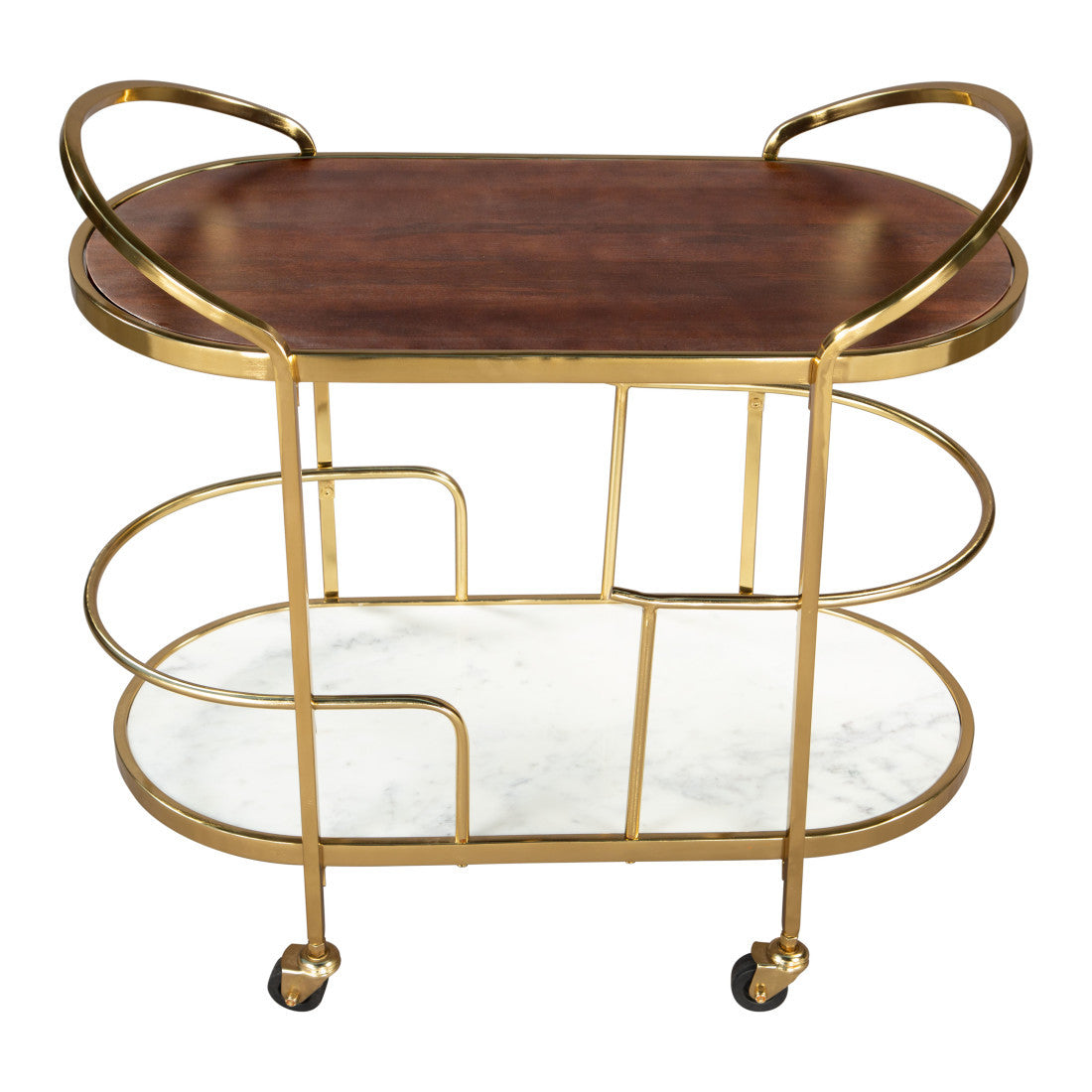 32" Brown Gold And White Iron Solid Wood and Marble Oval Rolling Bar Cart