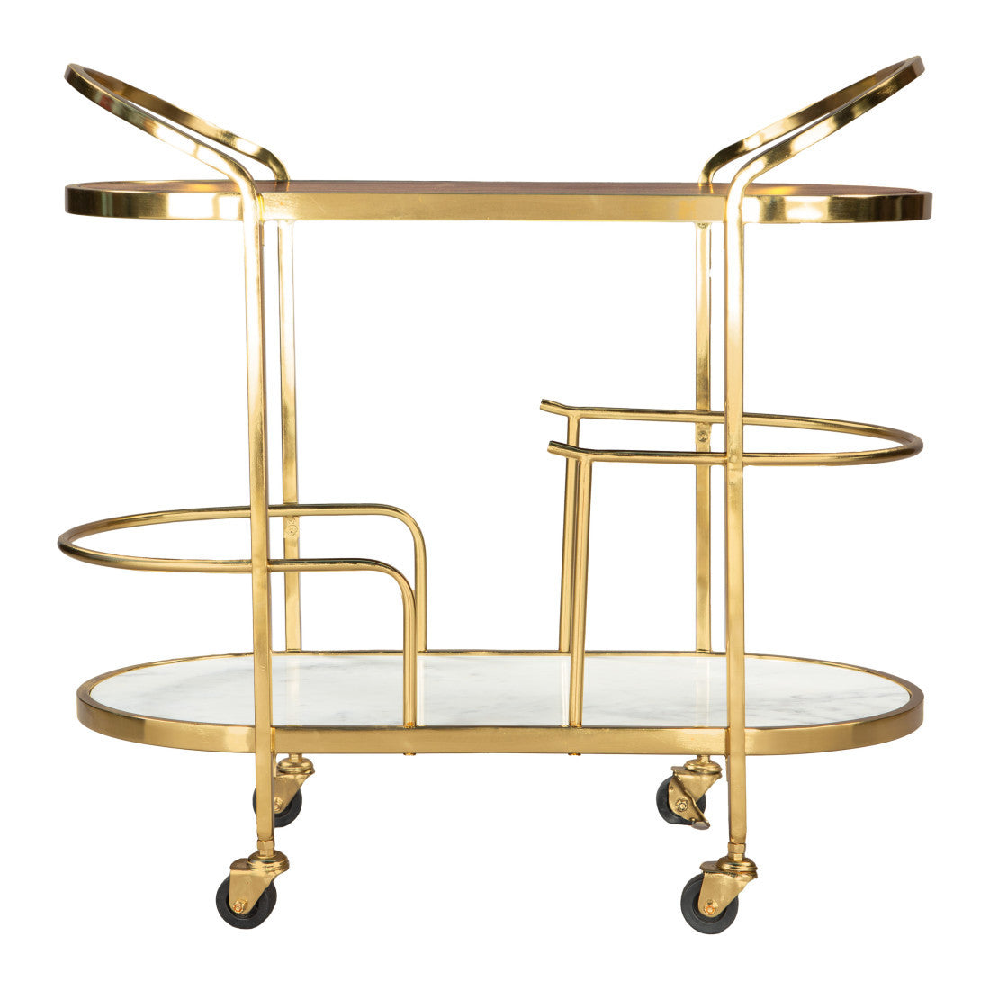 32" Brown Gold And White Iron Solid Wood and Marble Oval Rolling Bar Cart