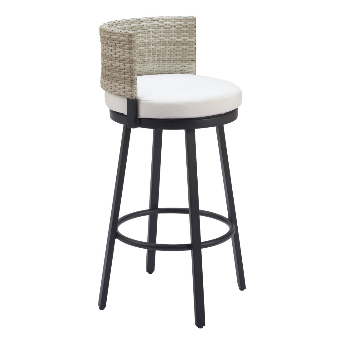 31" Black Natural and White Aluminum And Faux Rattan Swivel Bar Height Bar Chair