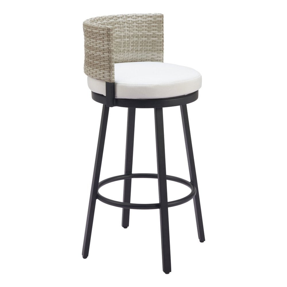 31" Black Natural and White Aluminum And Faux Rattan Swivel Bar Height Bar Chair