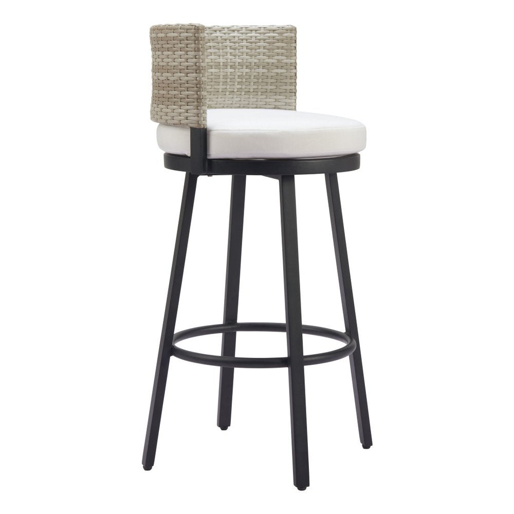 31" Black Natural and White Aluminum And Faux Rattan Swivel Bar Height Bar Chair