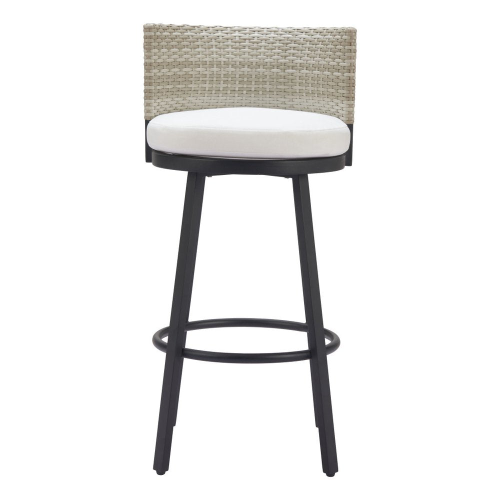31" Black Natural and White Aluminum And Faux Rattan Swivel Bar Height Bar Chair