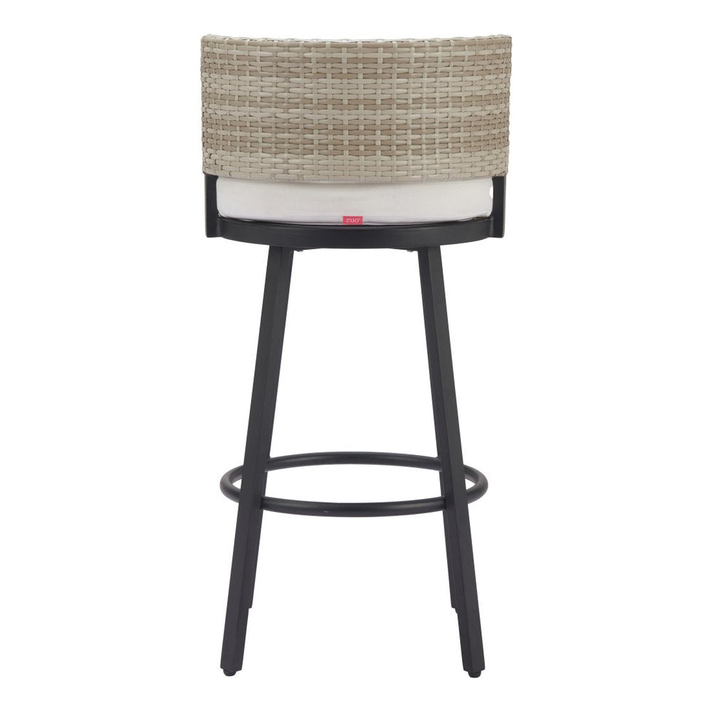 31" Black Natural and White Aluminum And Faux Rattan Swivel Bar Height Bar Chair