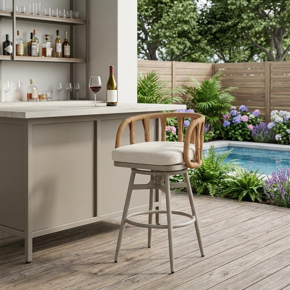 30" Gray Natural and White Aluminum And Faux Rattan Swivel Bar Height Chair