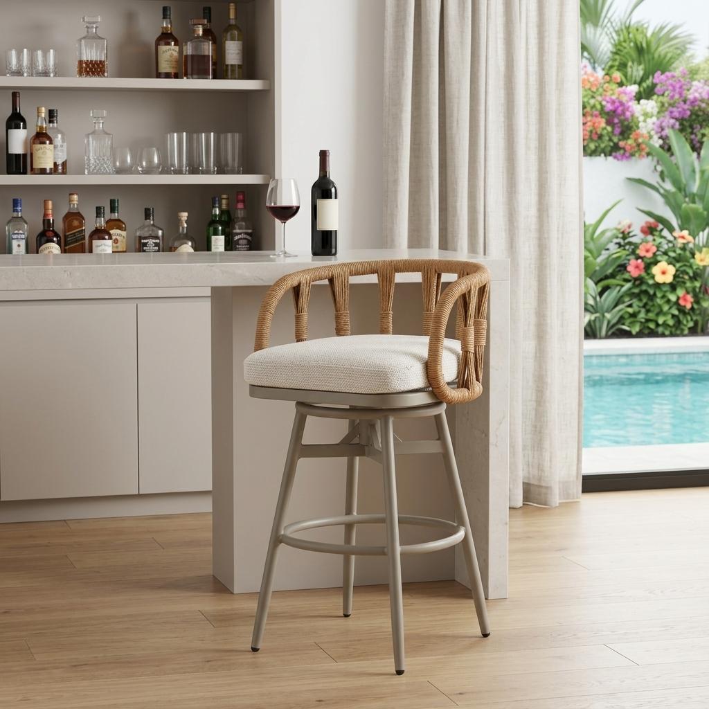 30" Gray Natural and White Aluminum And Faux Rattan Swivel Bar Height Chair