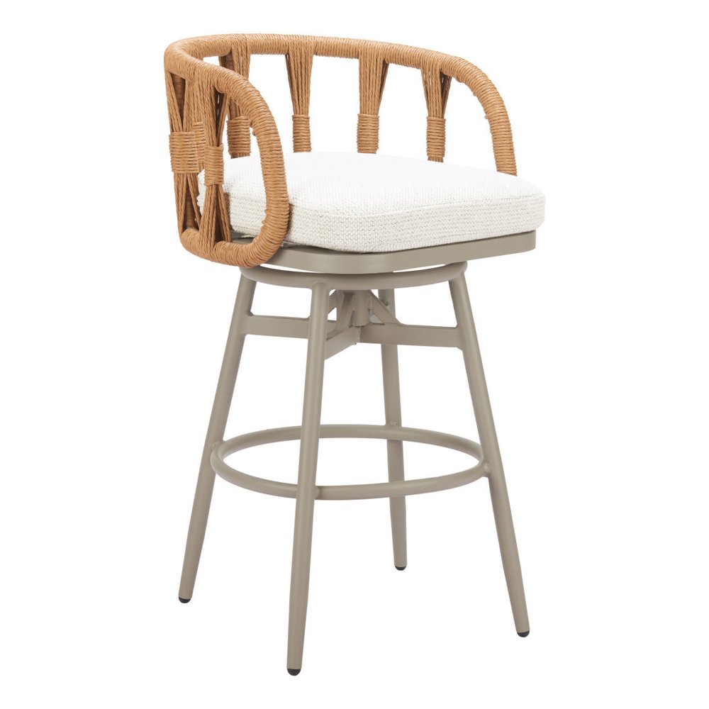 30" Gray Natural and White Aluminum And Faux Rattan Swivel Bar Height Chair