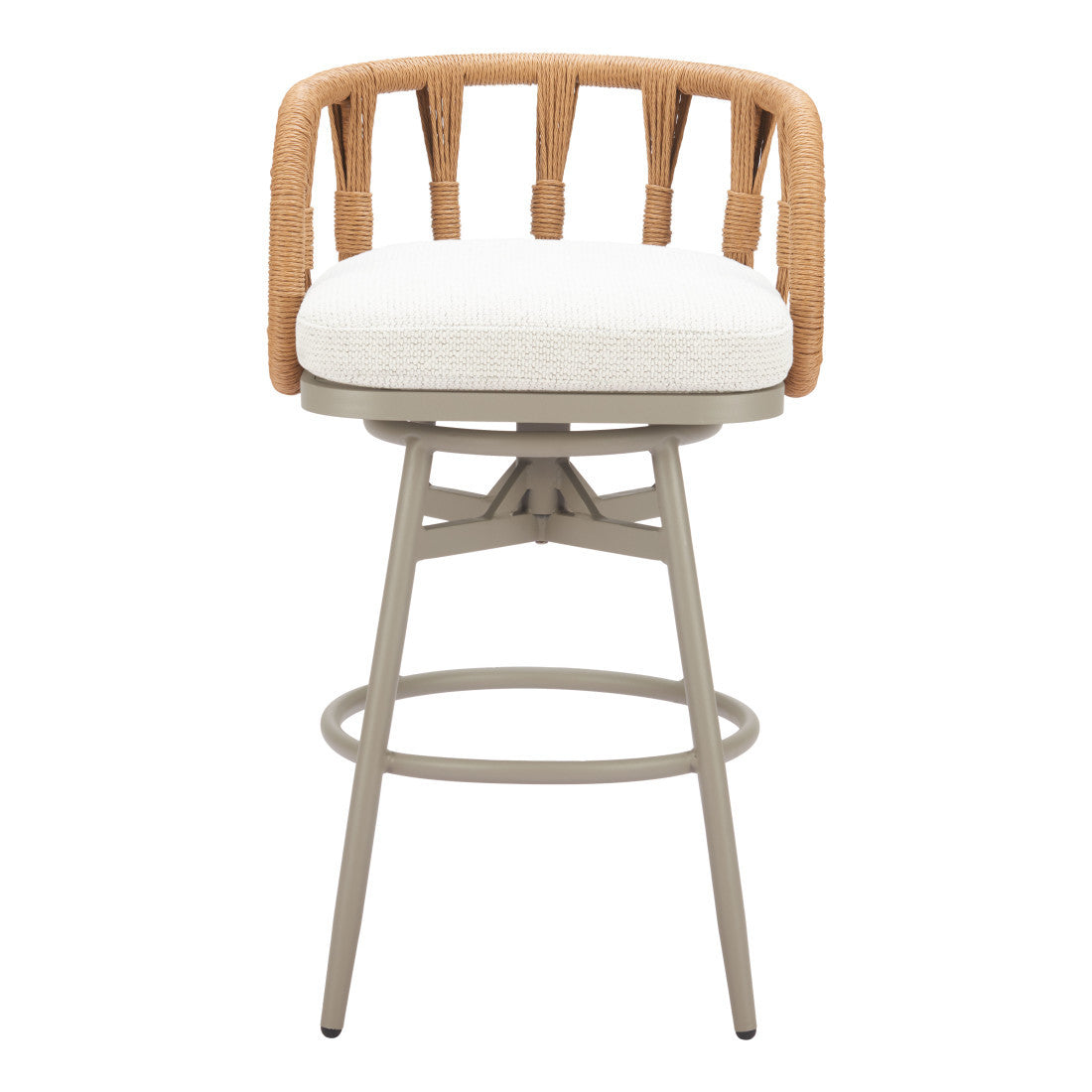 30" Gray Natural and White Aluminum And Faux Rattan Swivel Bar Height Chair