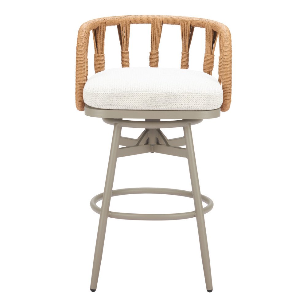 30" Gray Natural and White Aluminum And Faux Rattan Swivel Bar Height Chair