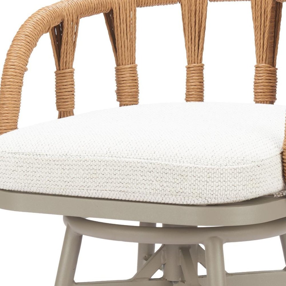 30" Gray Natural and White Aluminum And Faux Rattan Swivel Bar Height Chair