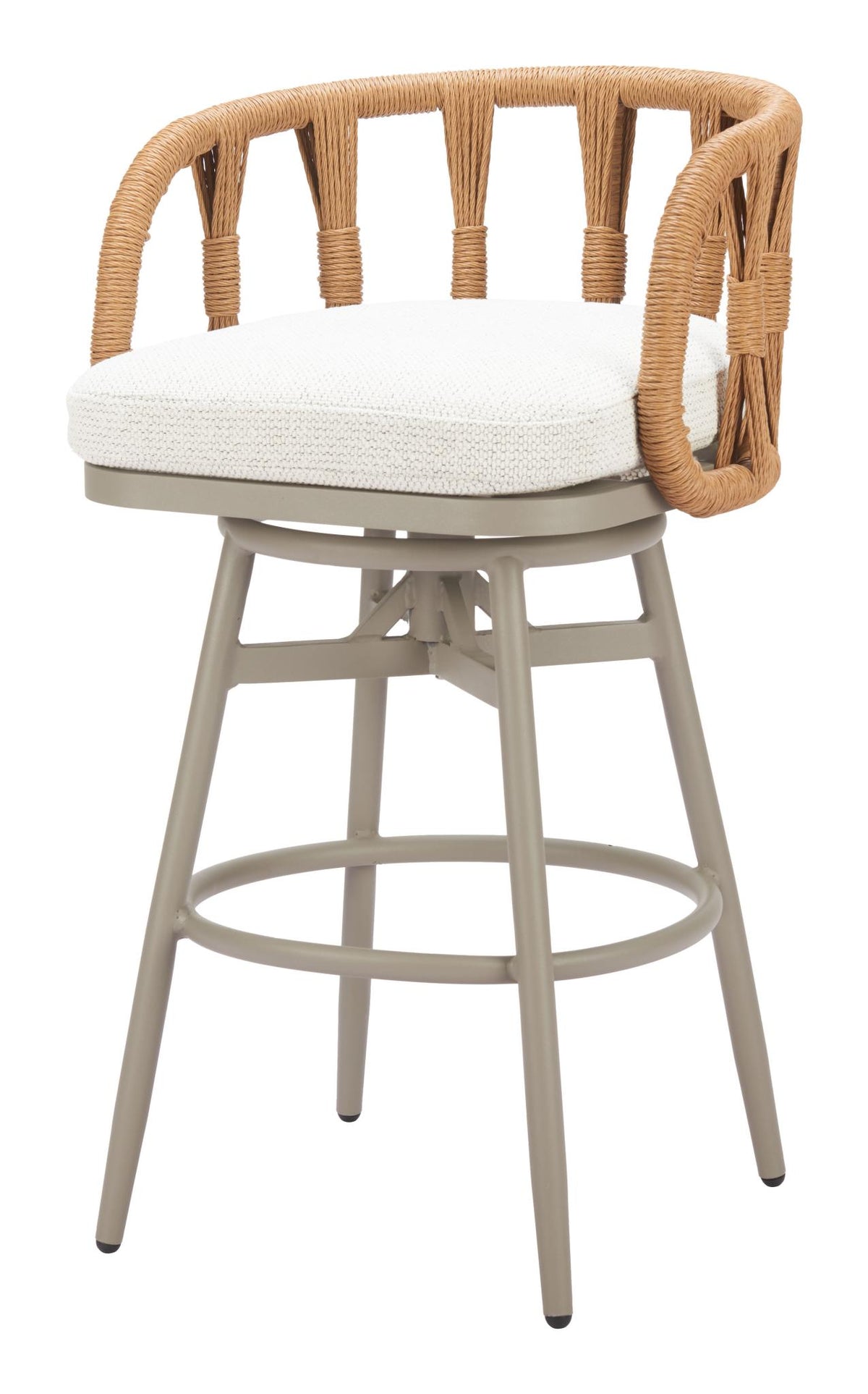 30" Gray Natural and White Aluminum And Faux Rattan Swivel Bar Height Chair