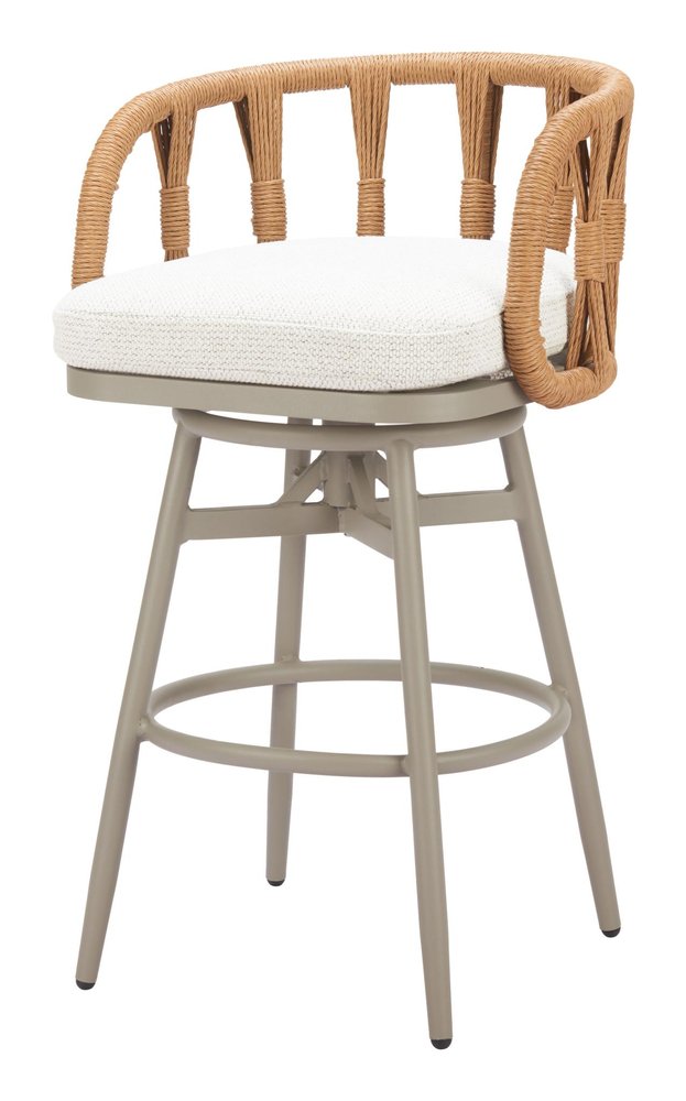 30" Gray Natural and White Aluminum And Faux Rattan Swivel Bar Height Chair