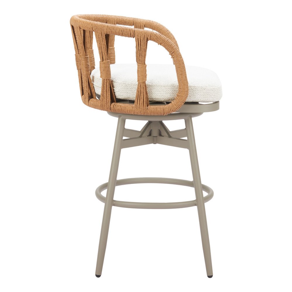30" Gray Natural and White Aluminum And Faux Rattan Swivel Bar Height Chair