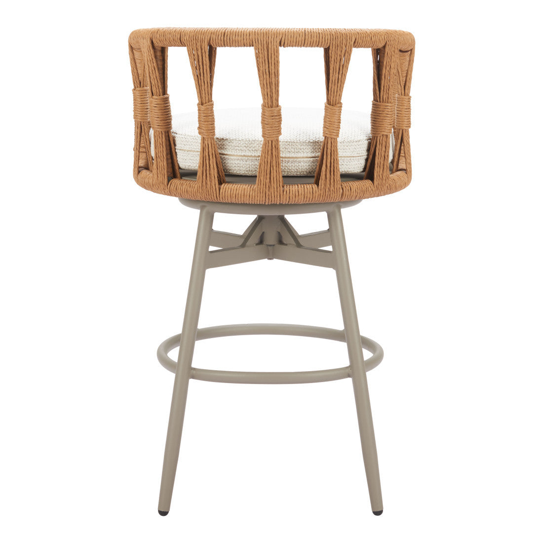 30" Gray Natural and White Aluminum And Faux Rattan Swivel Bar Height Chair