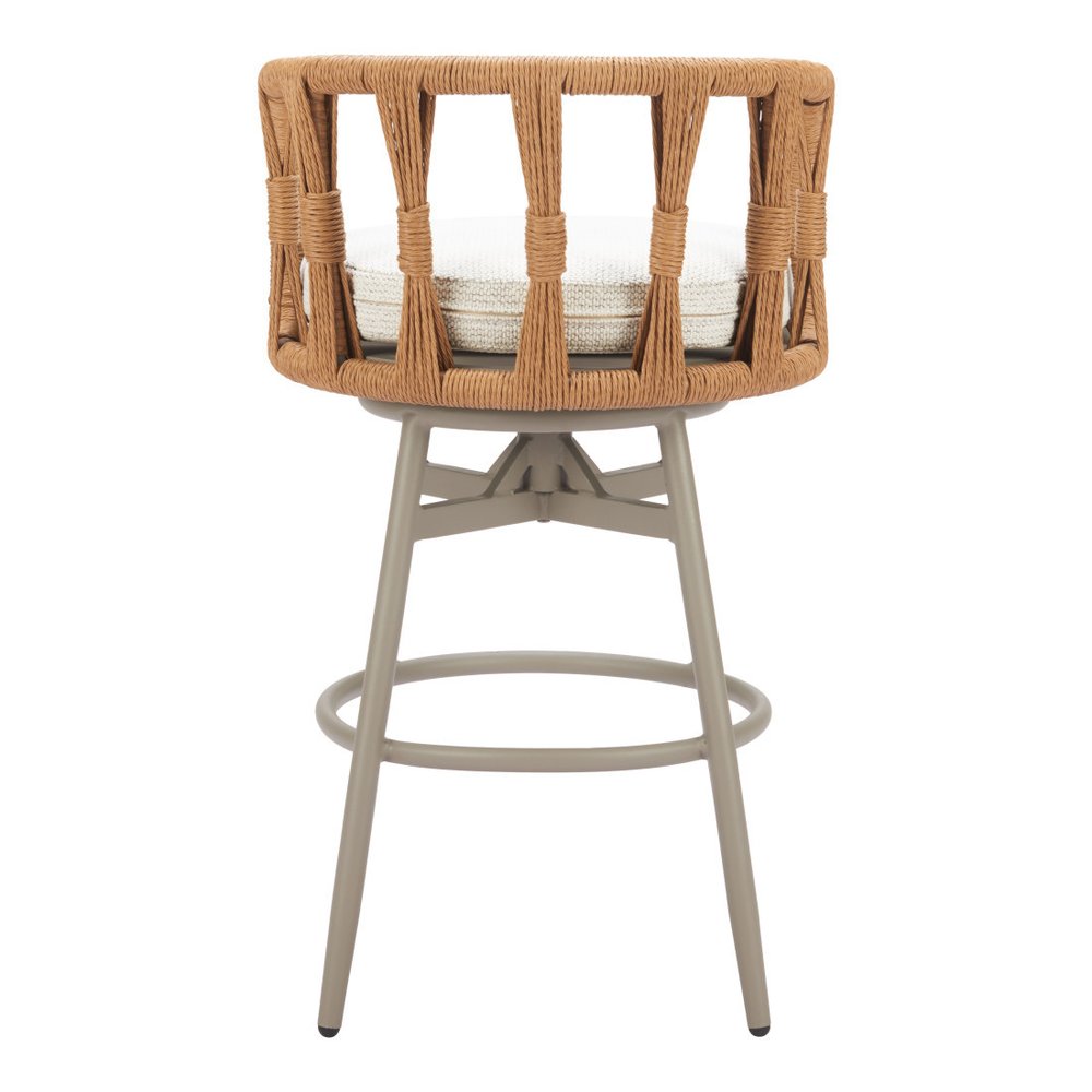 30" Gray Natural and White Aluminum And Faux Rattan Swivel Bar Height Chair