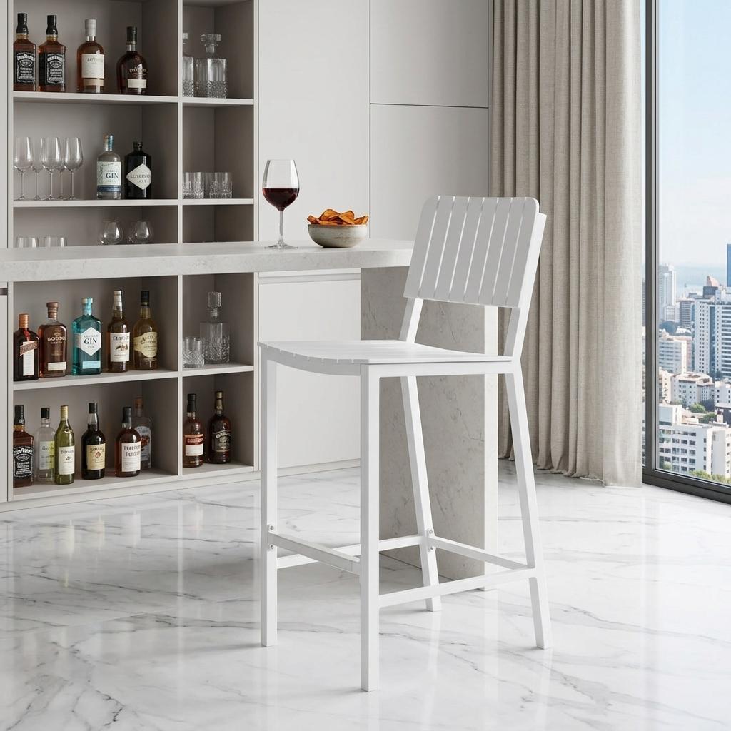 30" White Aluminum Outdoor Bar Height Chair