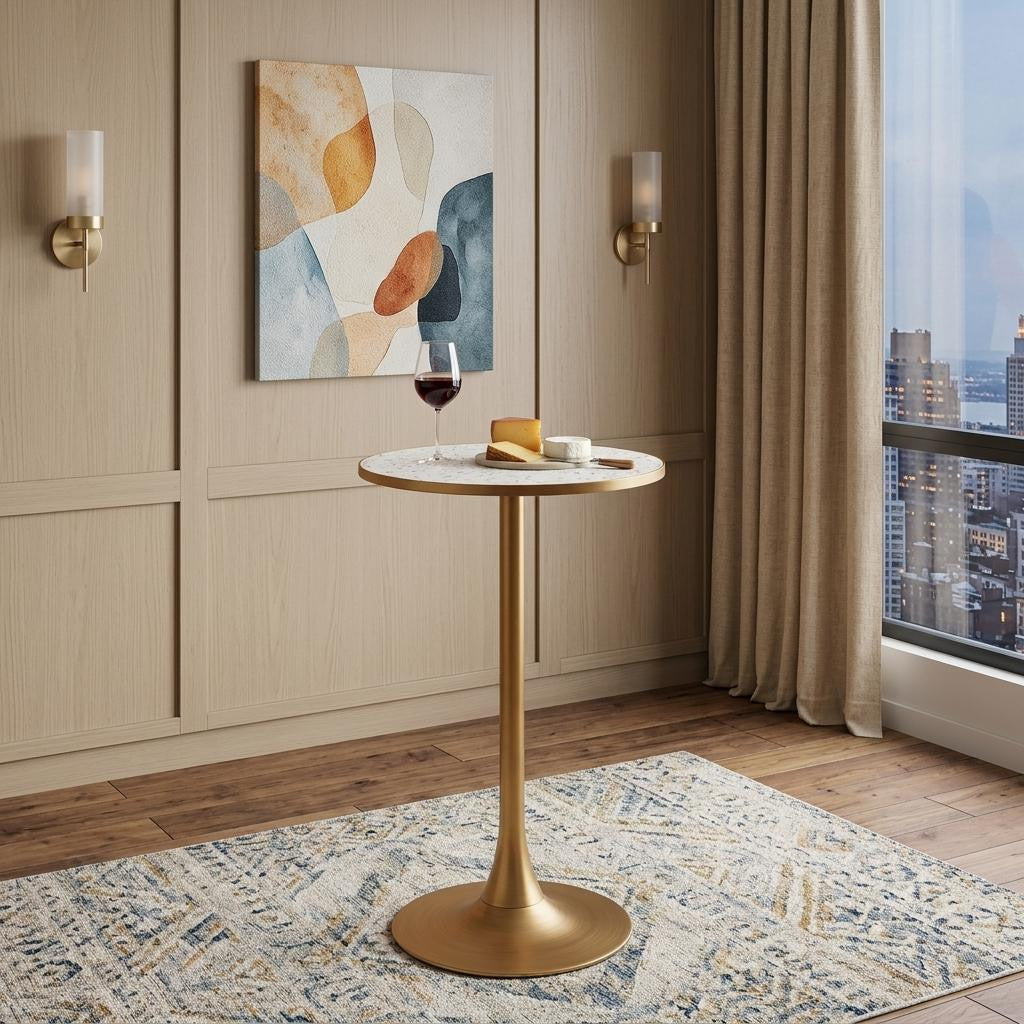 24" Beige and Gold Faux Terrazzo and Steel Rounded Bar Table