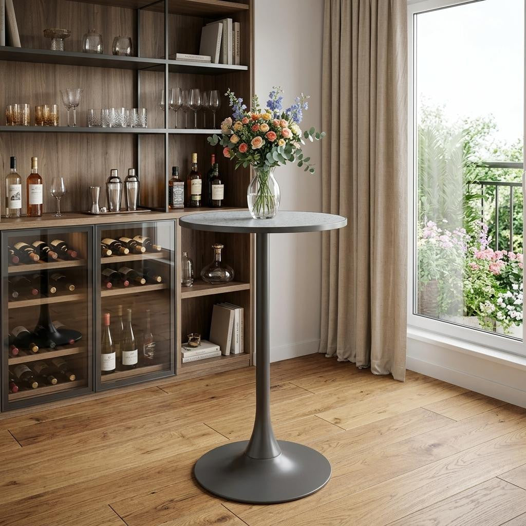 24" Gray and Black Faux Terrazzo and Steel Rounded Bar Table