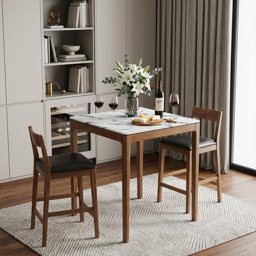 32" White and Natural Faux Marble and Solid Wood Square Bar Table