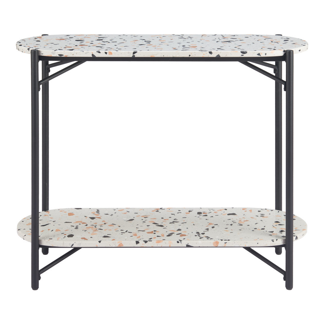 36" White and Black Faux Terrazzo and Steel Oval Console Table With Shelf