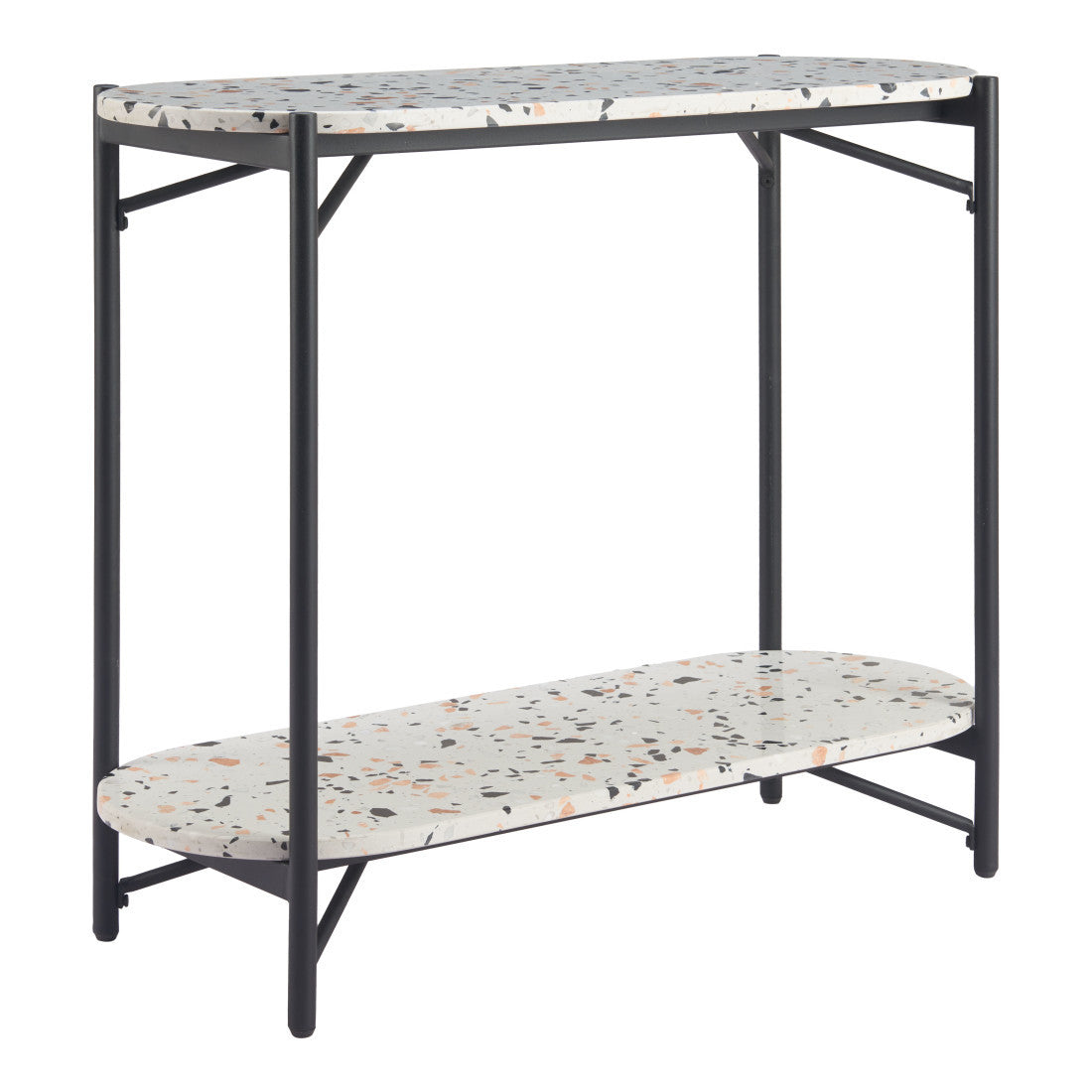 36" White and Black Faux Terrazzo and Steel Oval Console Table With Shelf