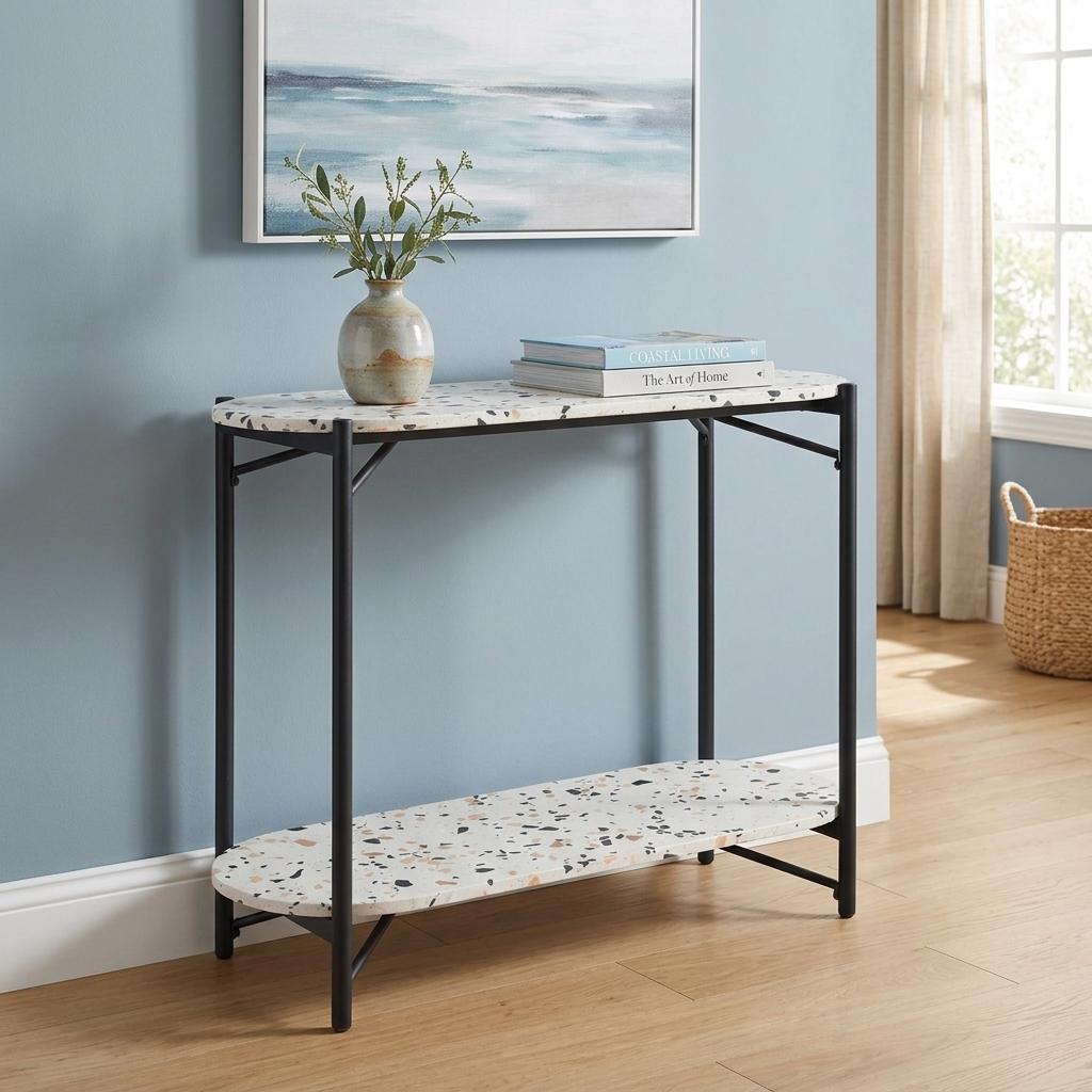 36" White and Black Faux Terrazzo and Steel Oval Console Table With Shelf