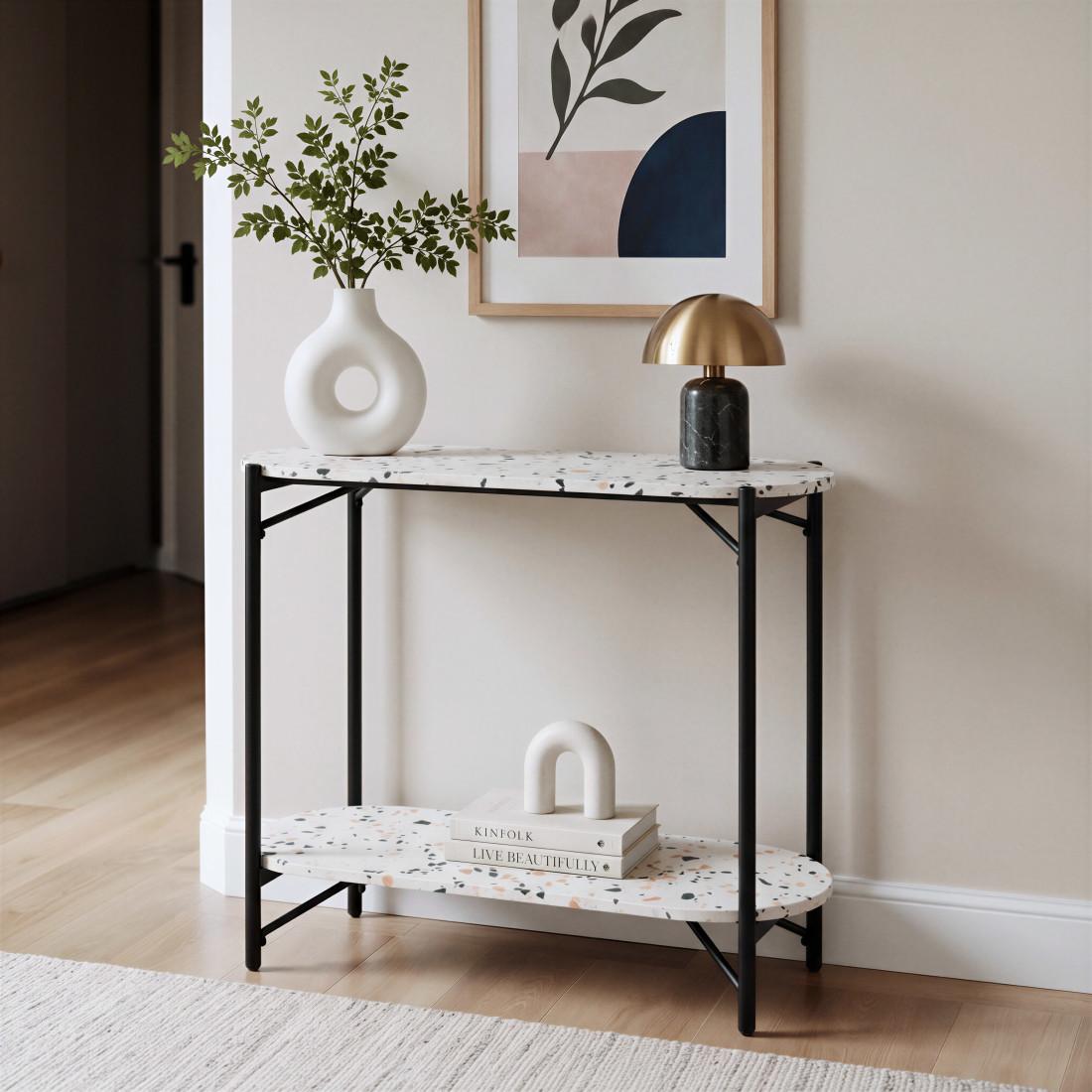36" White and Black Faux Terrazzo and Steel Oval Console Table With Shelf
