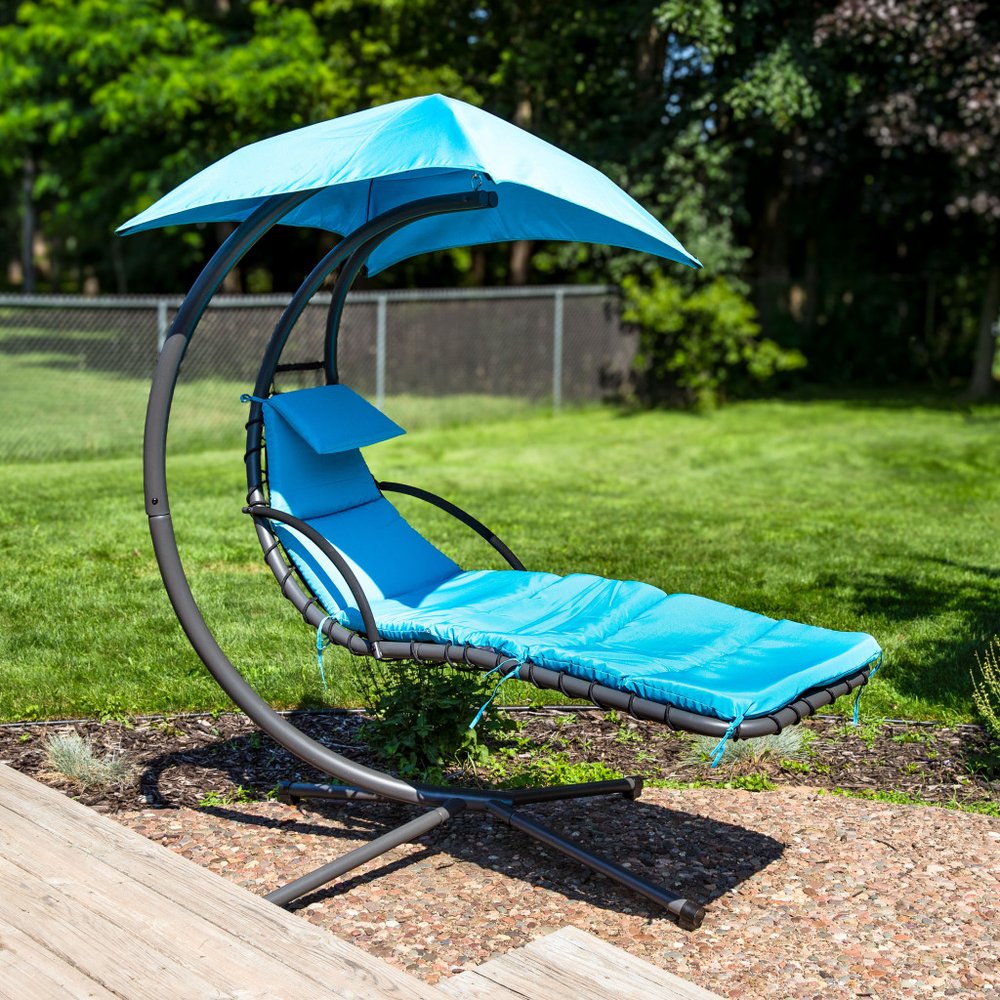 74" Silver Steel Outdoor Floating Chaise Lounge with Teal Blue Cushion And Canopy