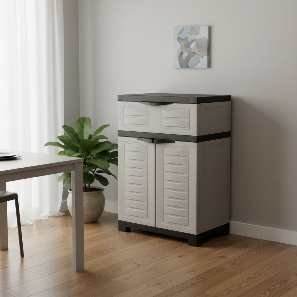 24" Gray Plastic Accent Cabinet With Two Doors And One Drawer