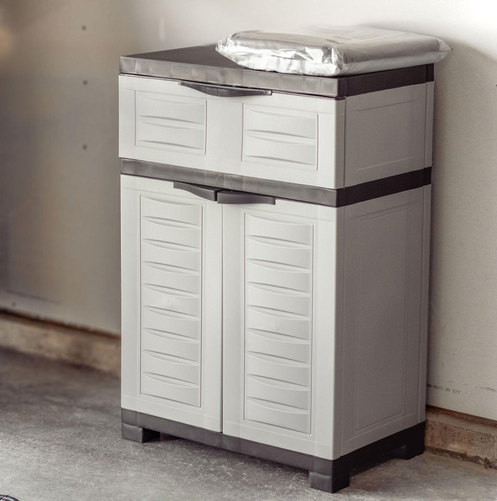24" Gray Plastic Accent Cabinet With Two Doors And One Drawer