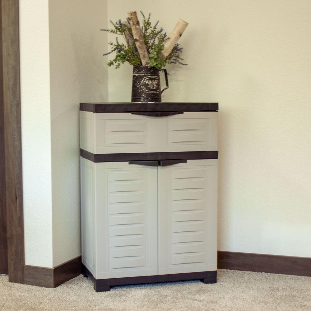24" Gray Plastic Accent Cabinet With Two Doors And One Drawer