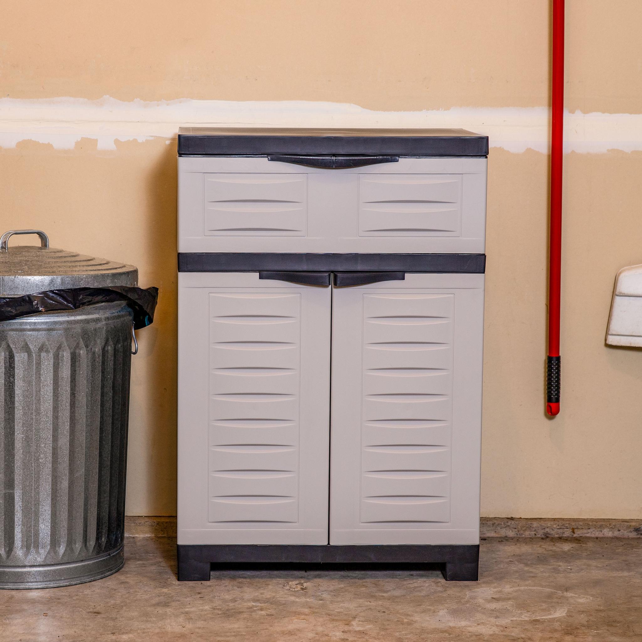 24" Gray Plastic Accent Cabinet With Two Doors And One Drawer