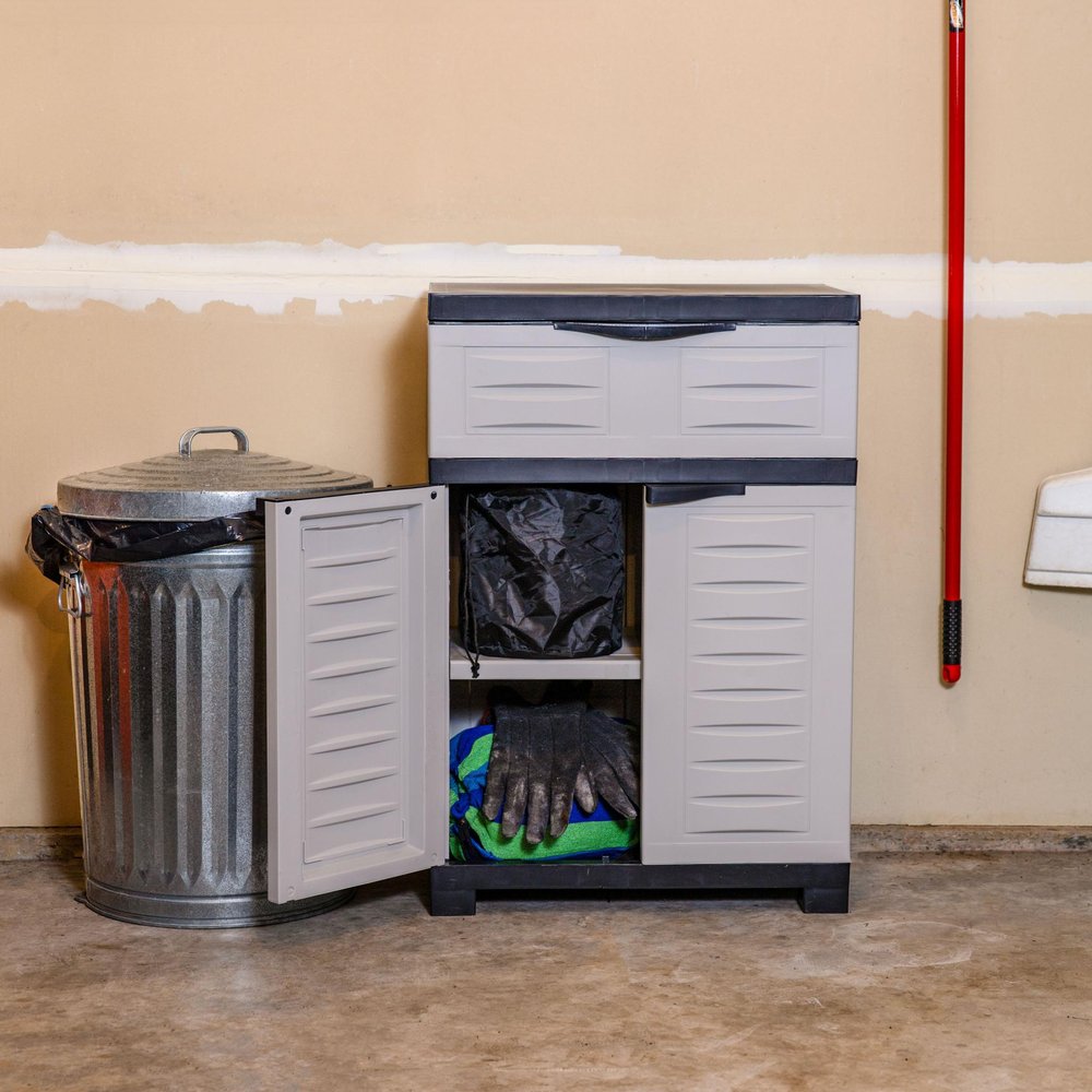 24" Gray Plastic Accent Cabinet With Two Doors And One Drawer