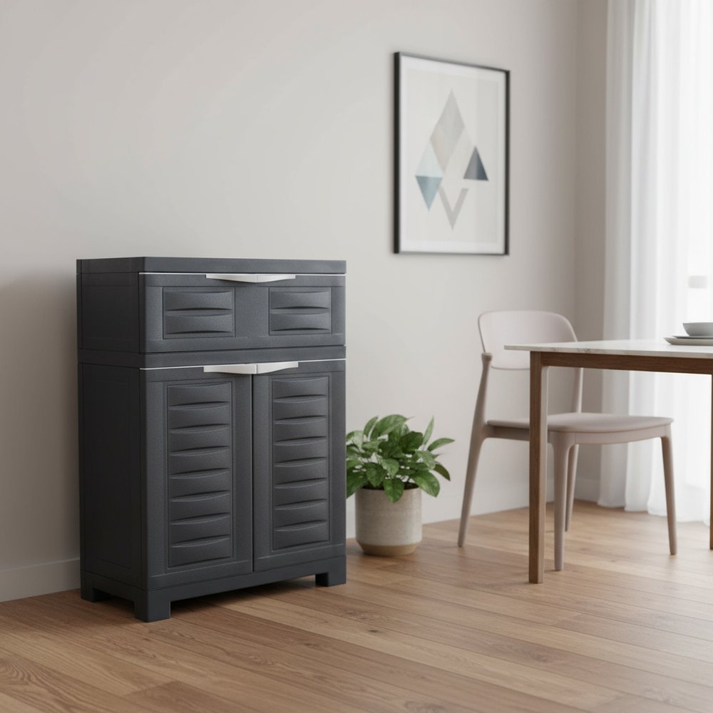 24" Charcoal Plastic Accent Cabinet With Two Doors And One Drawer