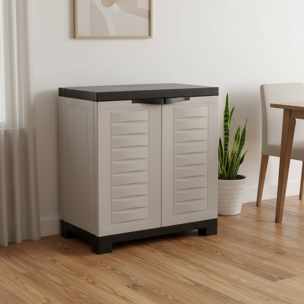 23" Black and Gray Plastic Accent Cabinet With Two Doors