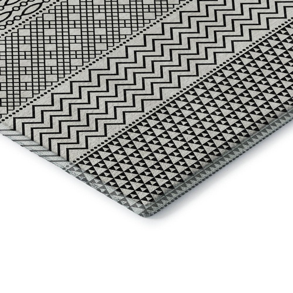 9' X 12' White And Black Striped Washable Area Rug With UV Protection