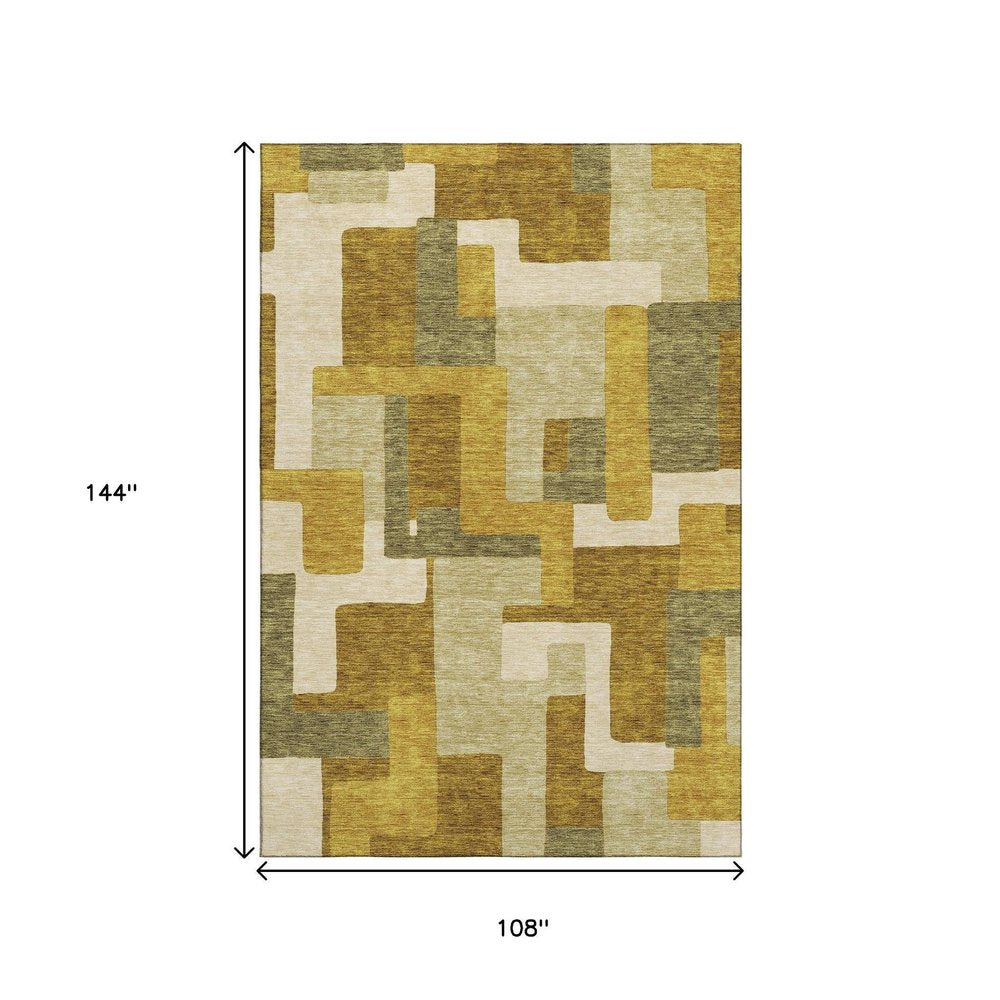 9' X 12' Wheat Ivory And Gold Geometric Washable Area Rug With UV Protection