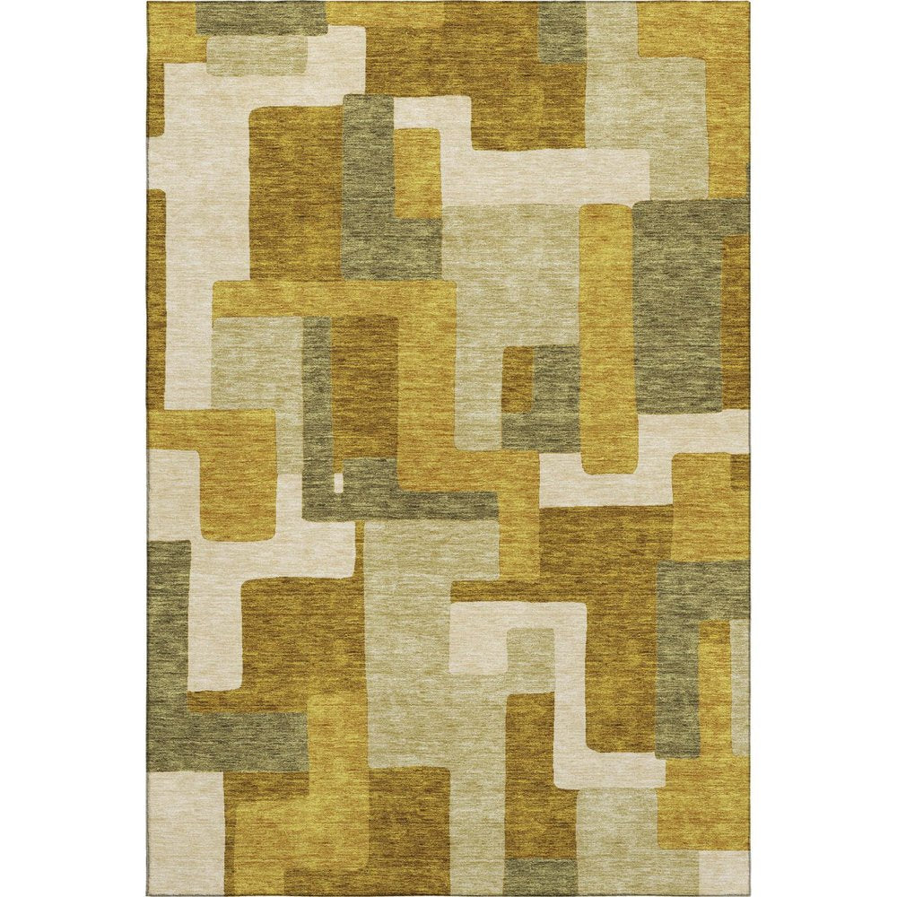 9' X 12' Wheat Ivory And Gold Geometric Washable Area Rug With UV Protection