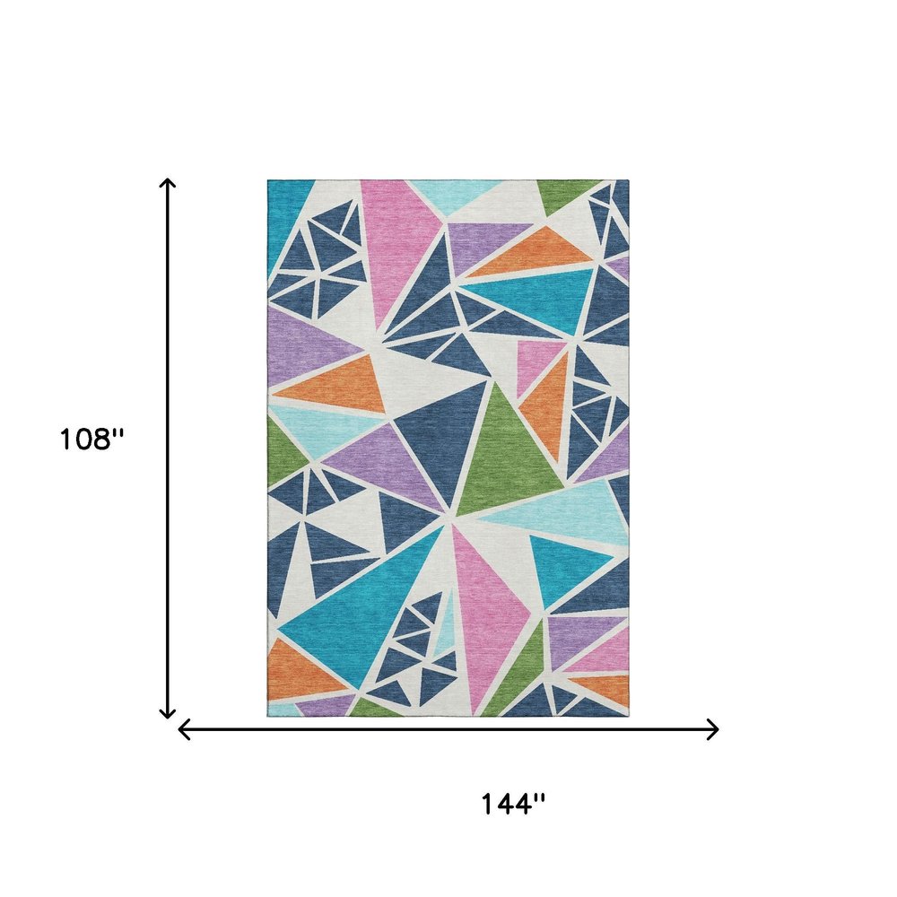 9' X 12' White Teal Pink And Orange Geometric Washable Area Rug With UV Protection