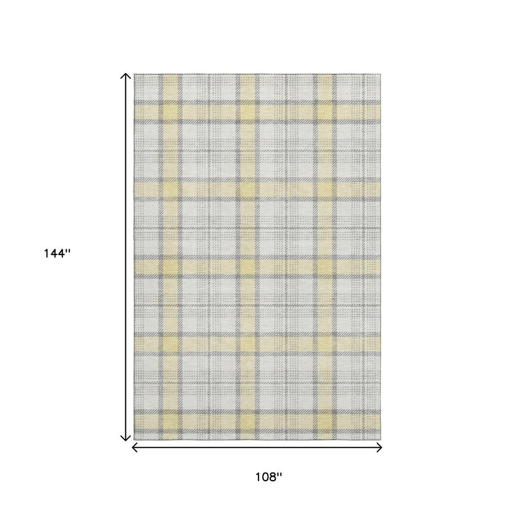 9' X 12' Yellow Ivory And Gray Plaid Washable Area Rug With UV Protection